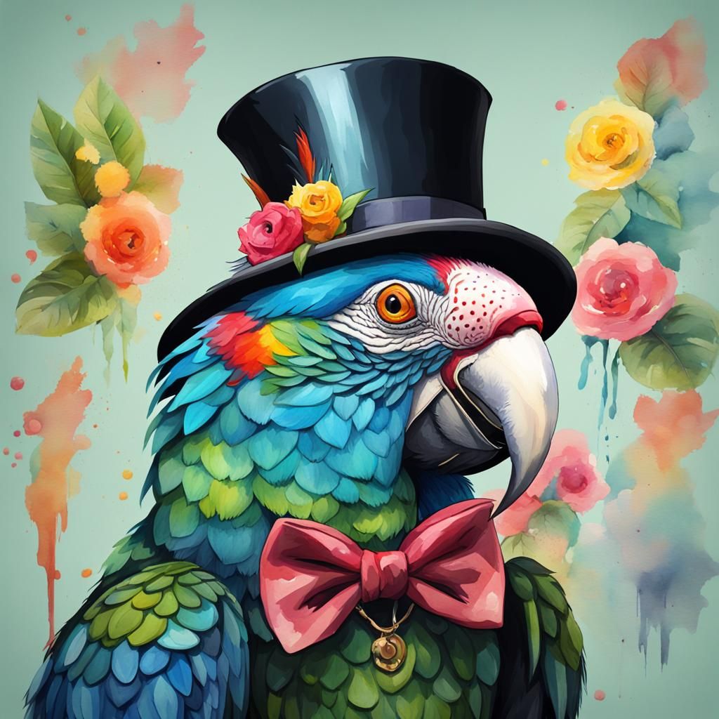Colorful Parrot in Top Hat: Watercolour Painting