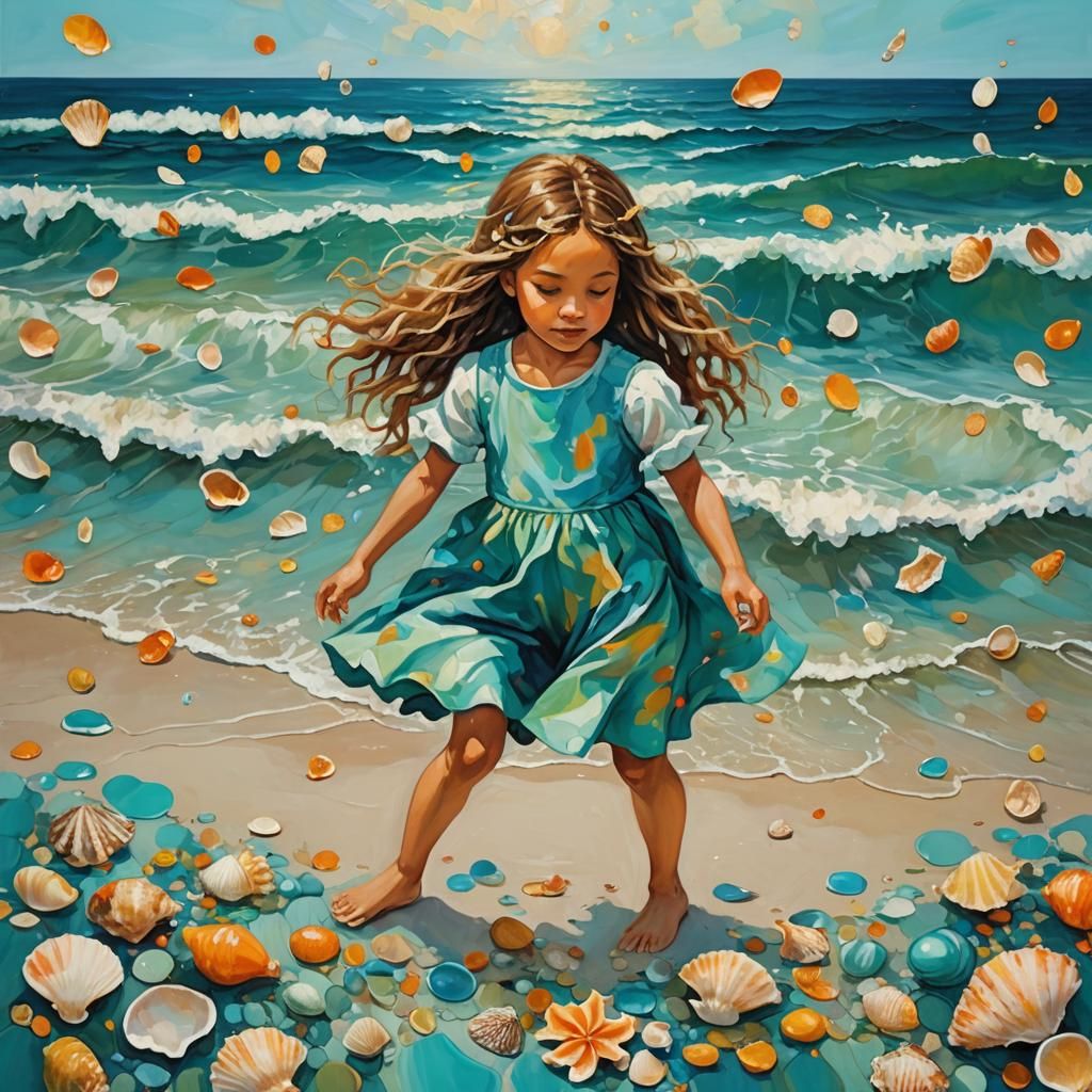Girl at Ocean's Edge in Abstract Painting Style