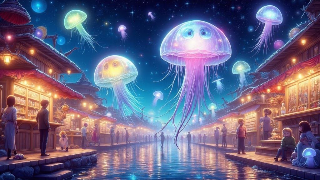 Glowing Jellyfish in Vibrant Intergalactic Festival