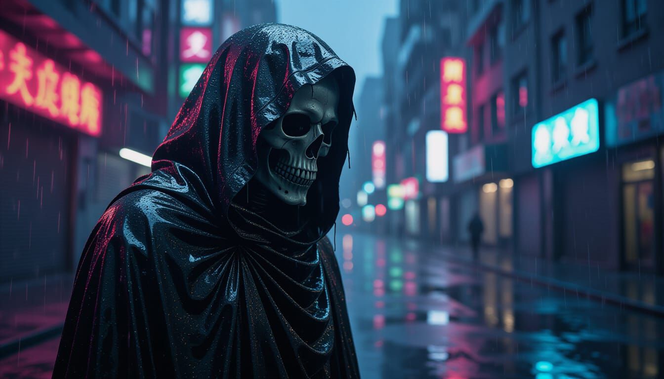 Cyberpunk Grim Reaper in Neon City