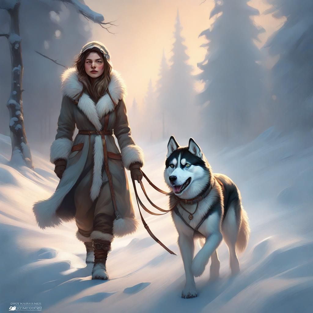 Girl with Husky in Snowy Finnish Landscape