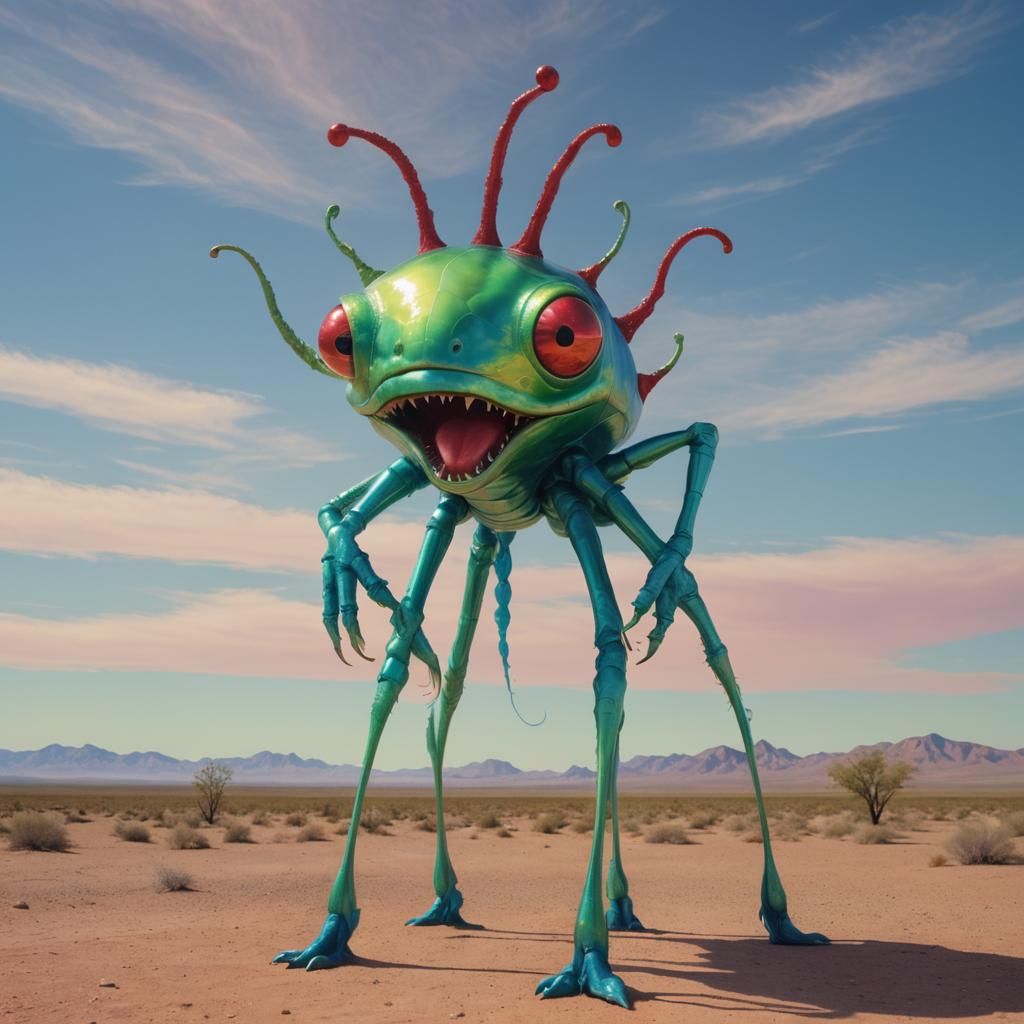 Happy Iridescent Creature in Surreal Desert