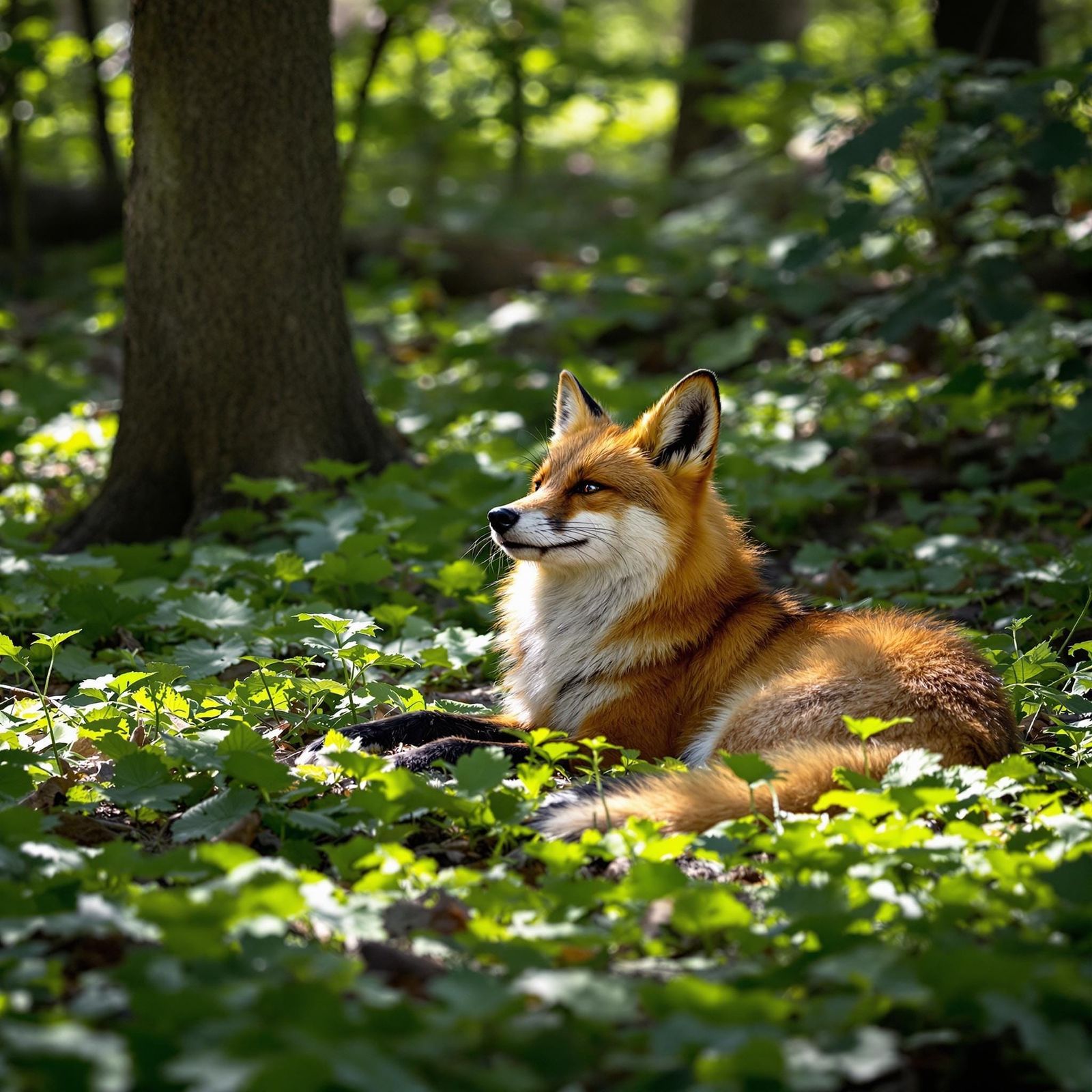 Fox Sunbathing on Forest Floor