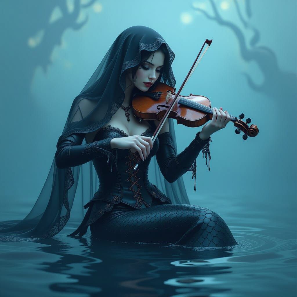 Gothic Mermaid Playing Violin in Dark Ocean