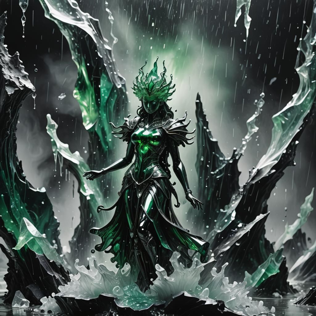 Emerald Figurine in Surreal Dark Fantasy Landscape