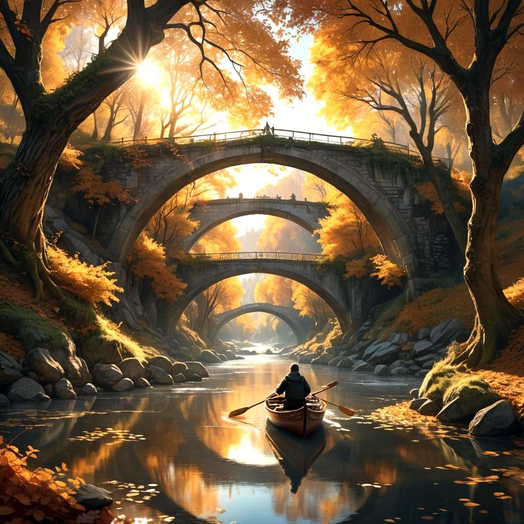 Autumn River Scene with Man Rowing Boat