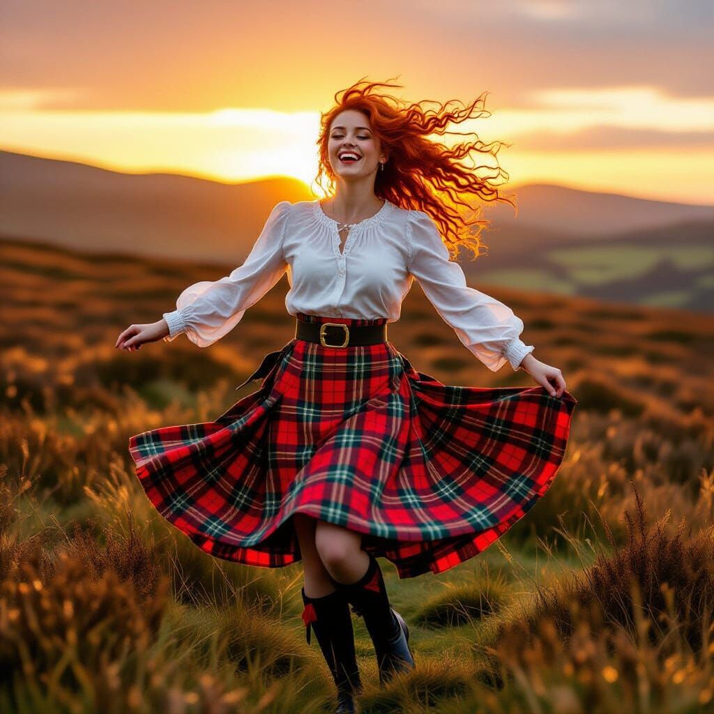 Scottish Woman Dancing in Golden Hour Sunset