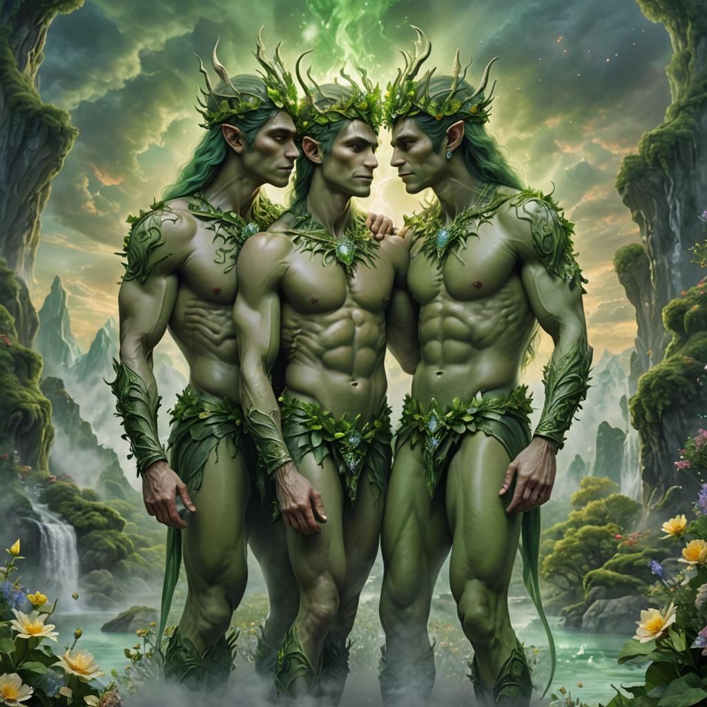 Hyperreal Kissing Elves in a Green Fantasy Garden