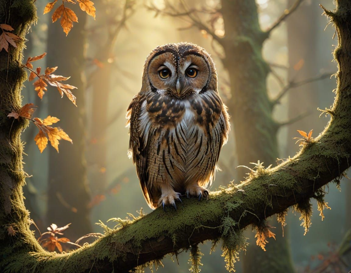 Tawny Owl in Autumn Forest, Watercolor Style
