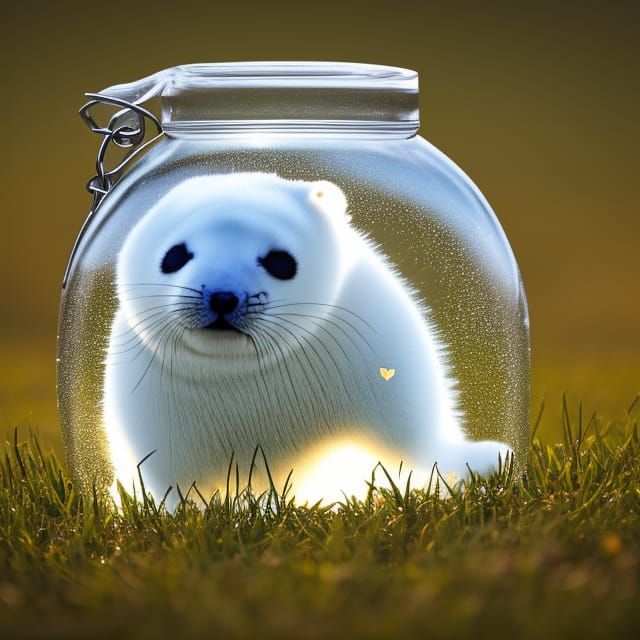 Cute Baby Harp Seal Inside Glass Bottle