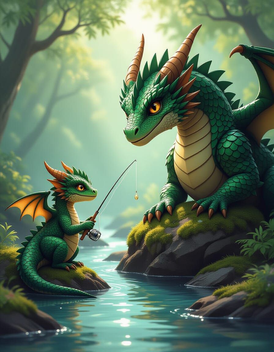 Baby Dragon Fishes With Father in Magical Forest