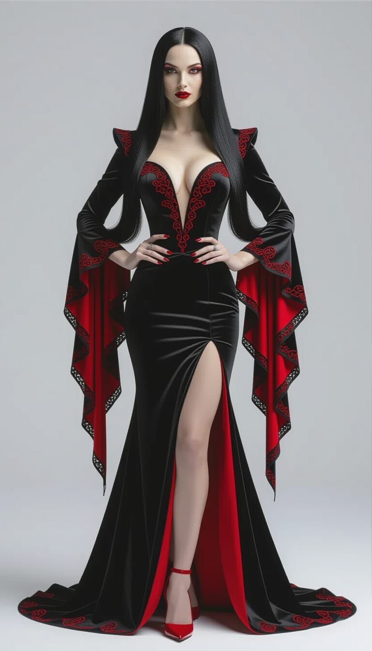 Vampire Queen in Dramatic Red and Black Gown
