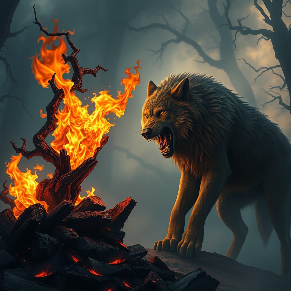 Majestic Brown Wolf Rages Against Fiery Backdrop in Fantasy ...