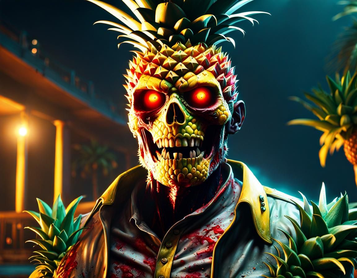 Zombie Pineapple Mayhem at Beach Resort: Cinematic Art
