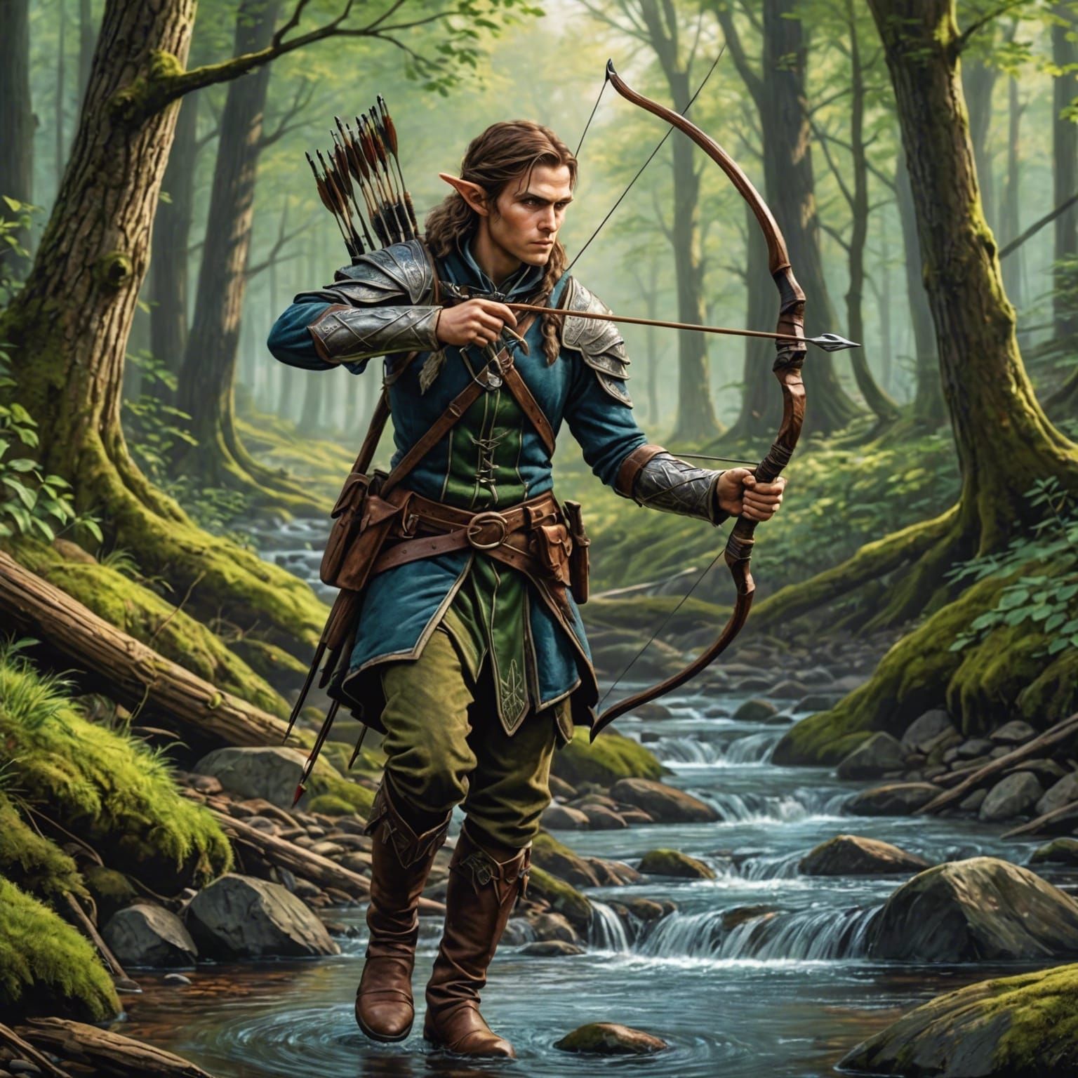 Half-Elf Ranger in Forest, Colored Pencil Drawing