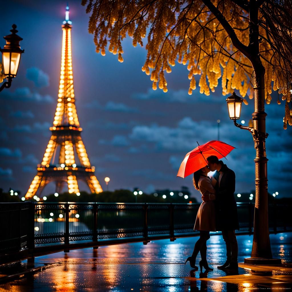Romantic Eiffel Tower Kiss Under City Lights