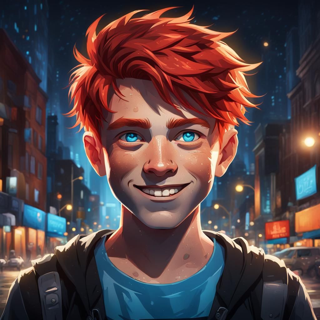 Smiling Boy with Red Hair in Cyberpunk City