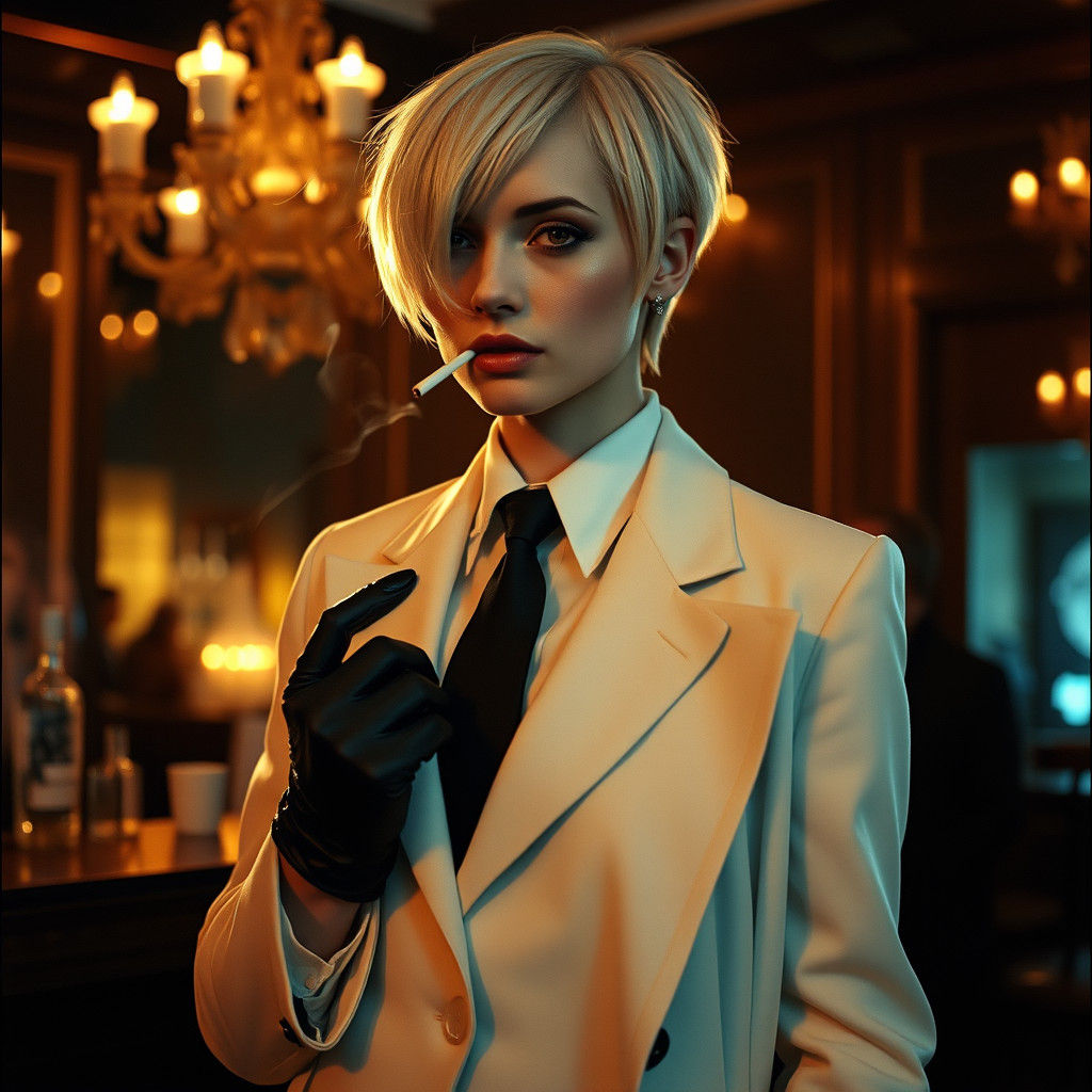 Androgynous Woman in White Suit at Luxury Bar