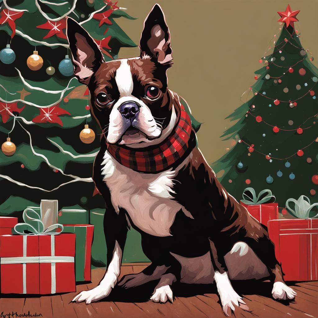 Sinister Boston Terrier Portrait by Christmas Tree