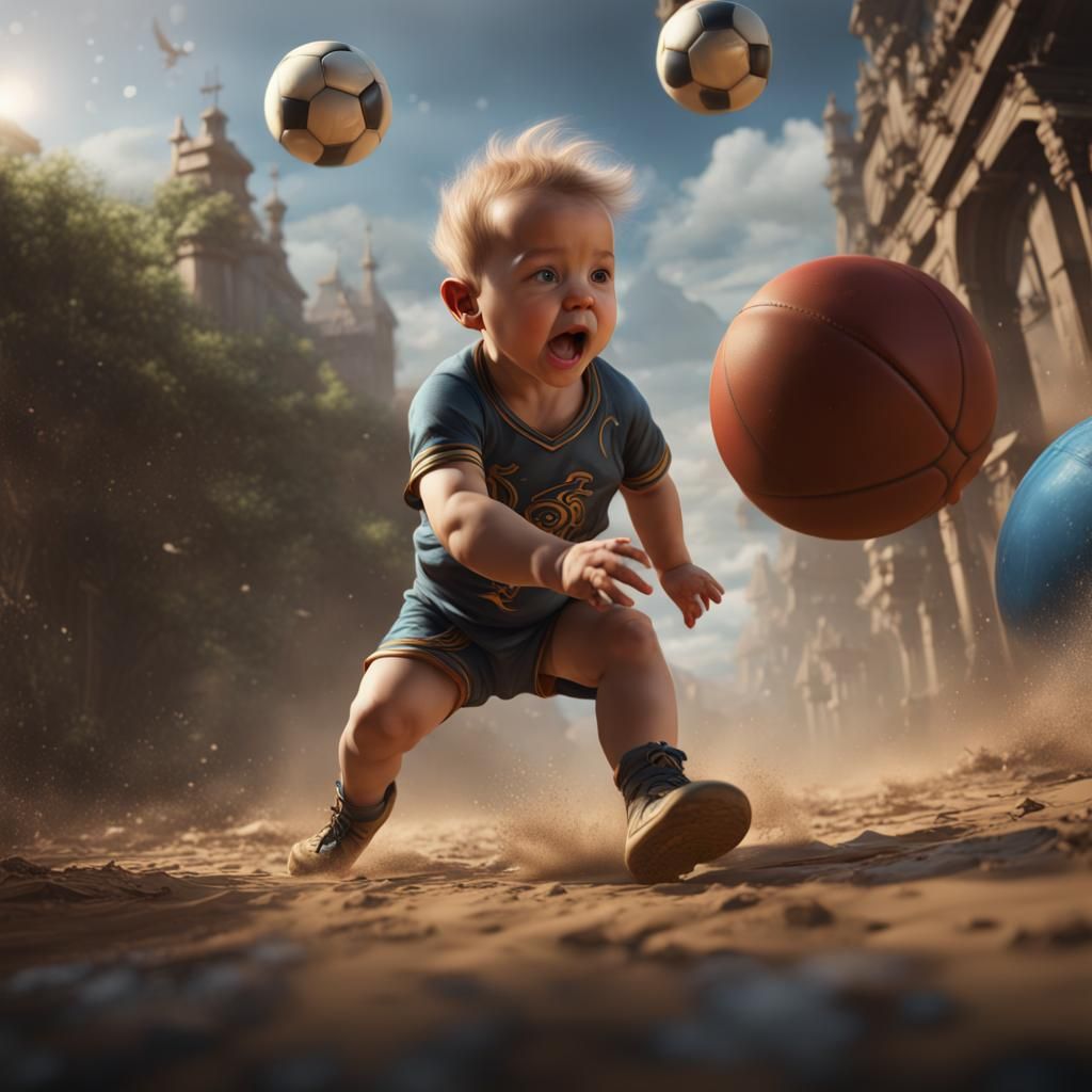 Baby Chasing Ball in Detailed Matte Painting