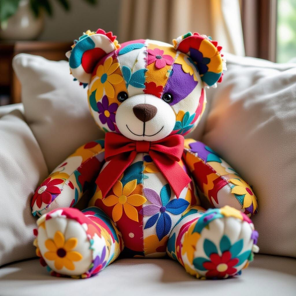 Felt Teddy Bear on Couch: Impressionistic Craftwork