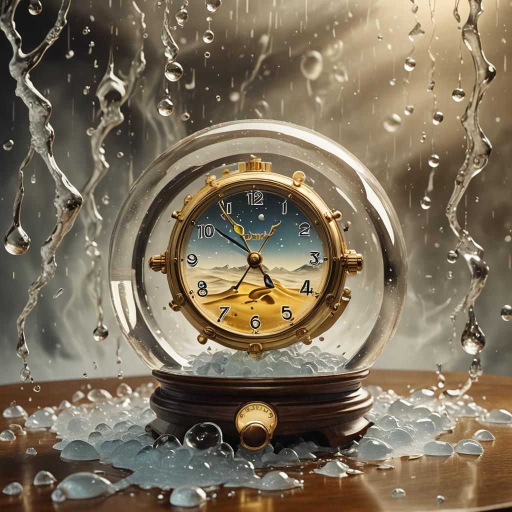 Melting Watch in Snowglobe: Surreal Dreamlike Digital Art