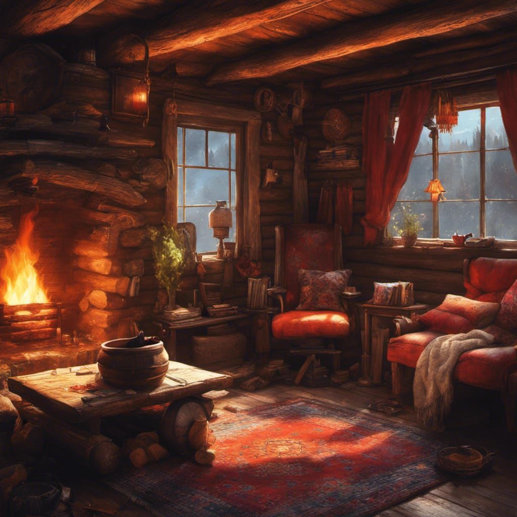 Boho Log Cabin with Fireplace: Hyperdetailed Fantasy Art