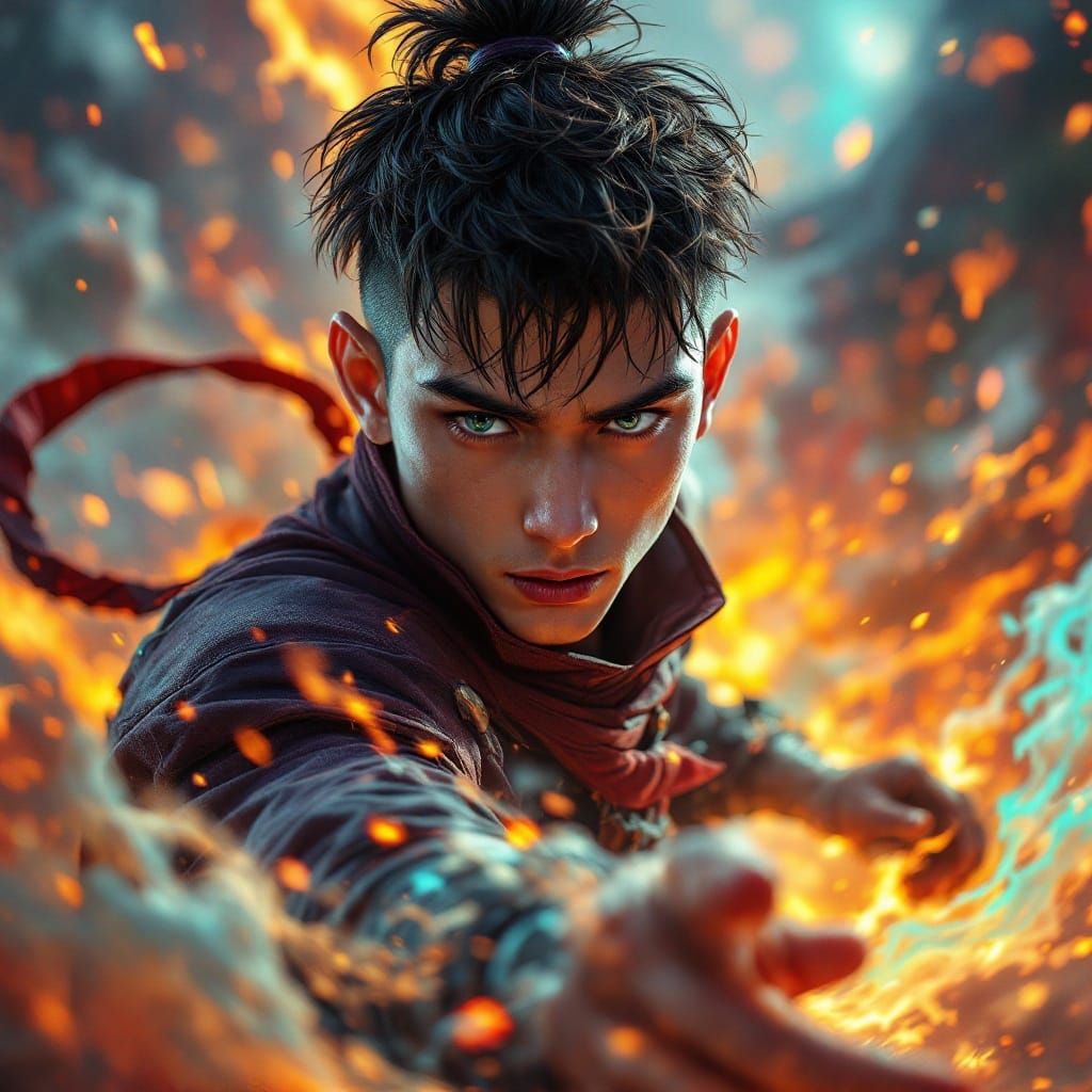 Epic Fantasy Ninja Mage in Vibrant Anime Battle