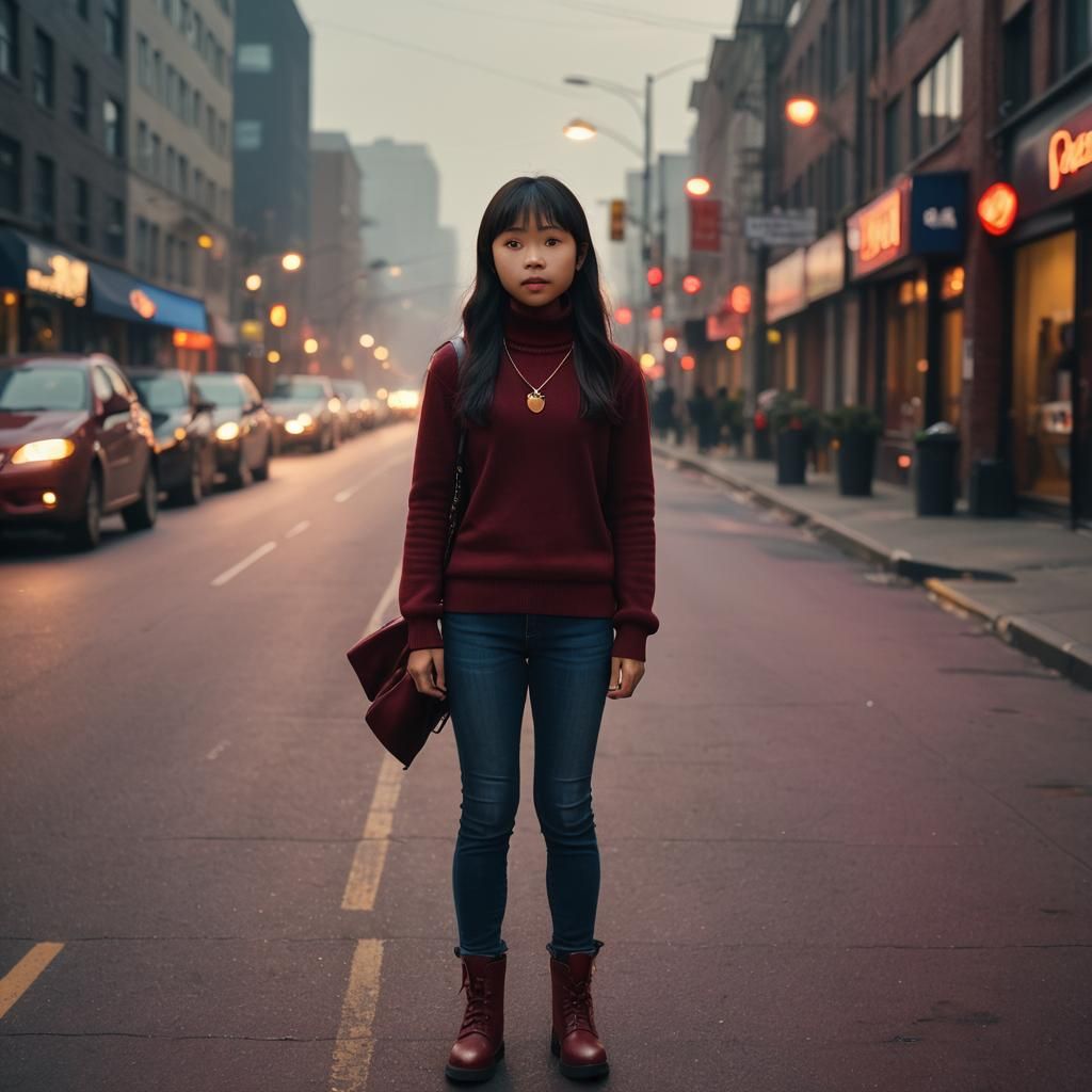 Girl in Beret on Misty Street: Cinematic Film Still