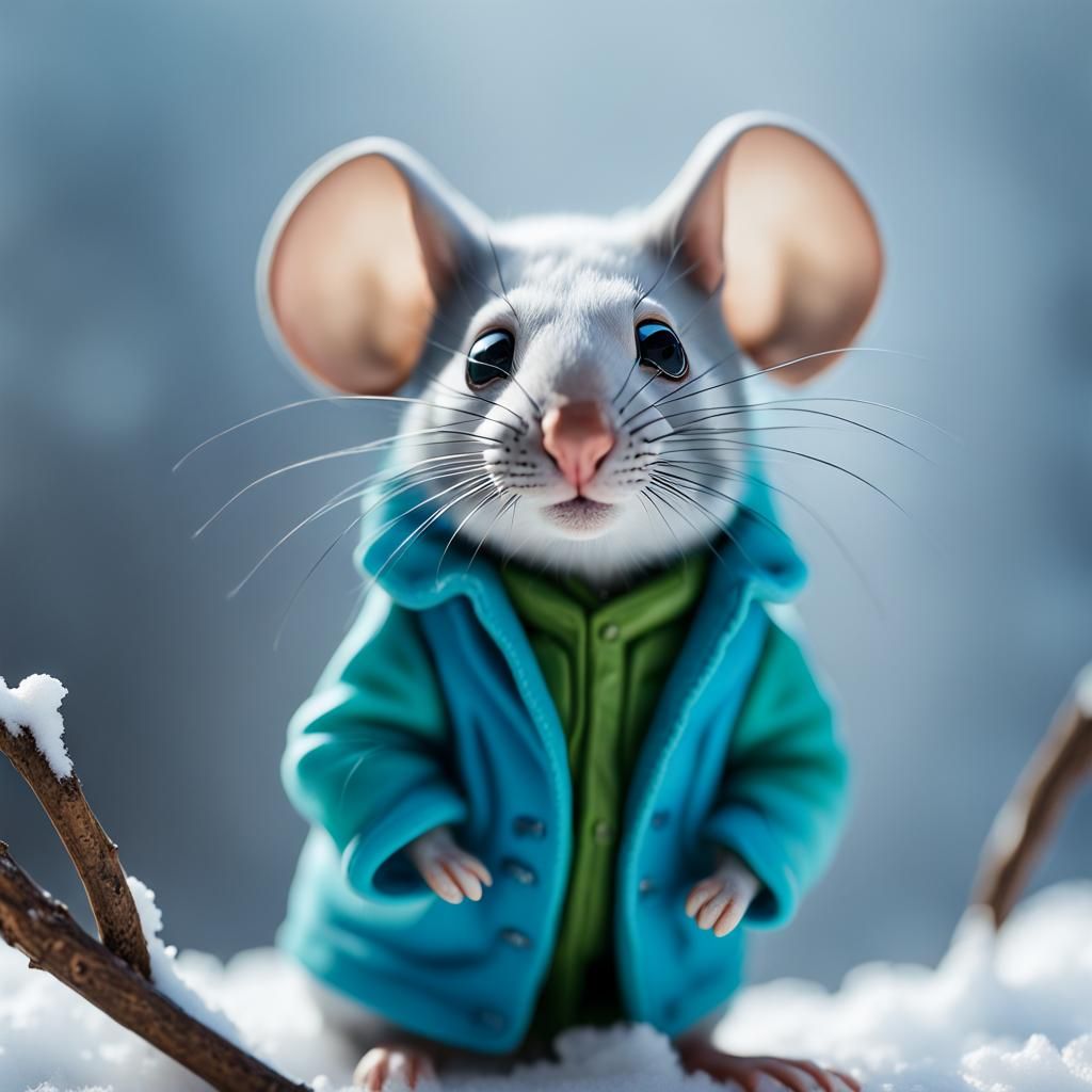 Miniature Mouse in Blue Coat, Ultra Realistic Winter Scene