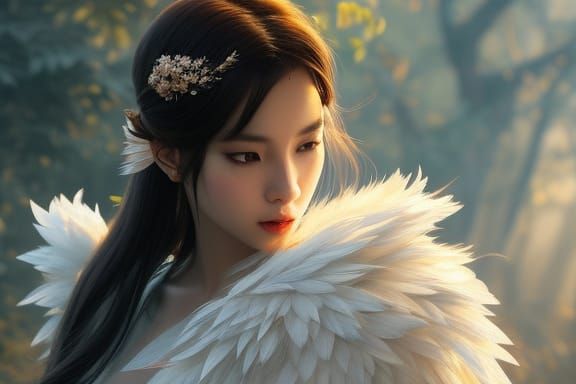 White Tiger Queen of the north, beautiful young lady adorned with feathers