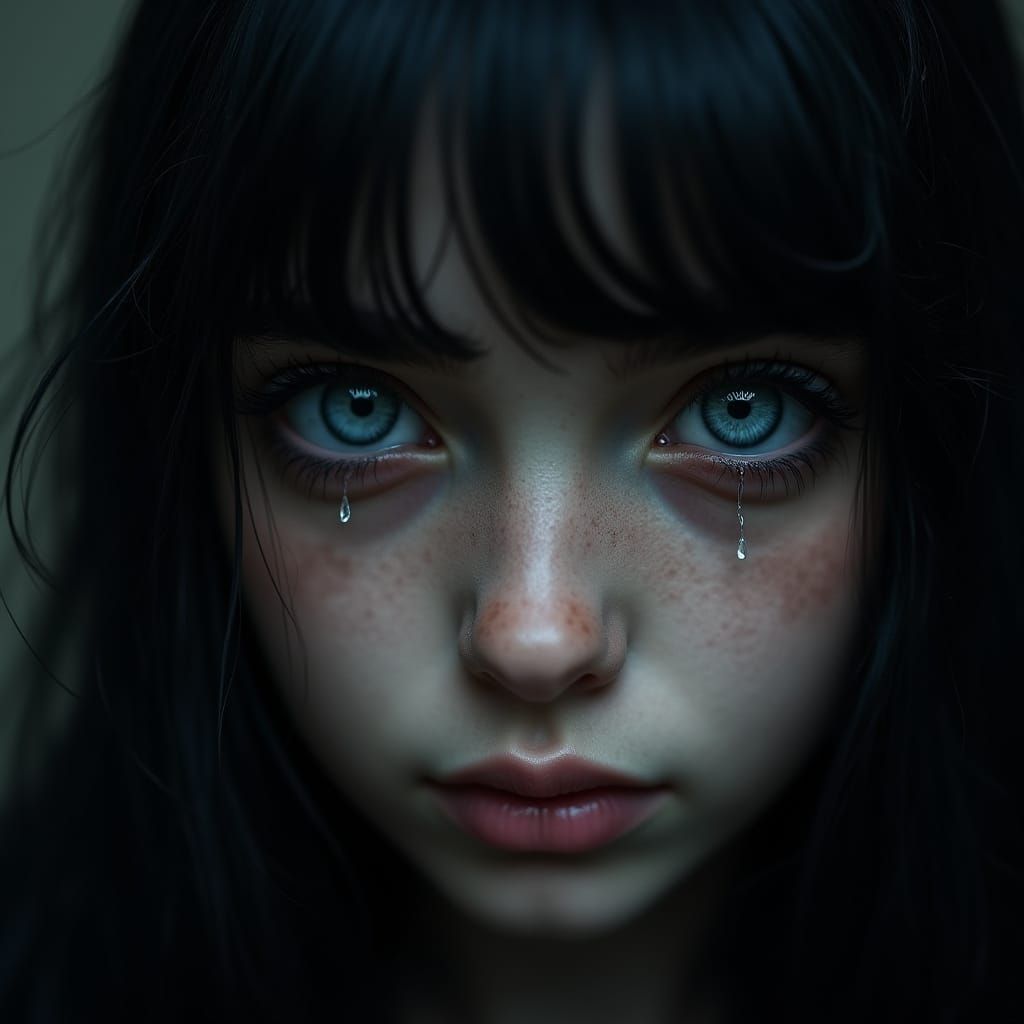 Gothic Girl Portrait with Blue Eyes and Tears