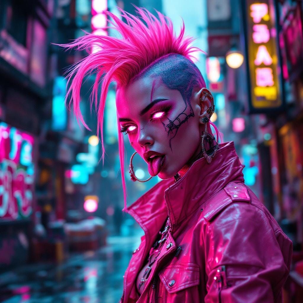 Cyberpunk Girl with Neon Pink Mohawk