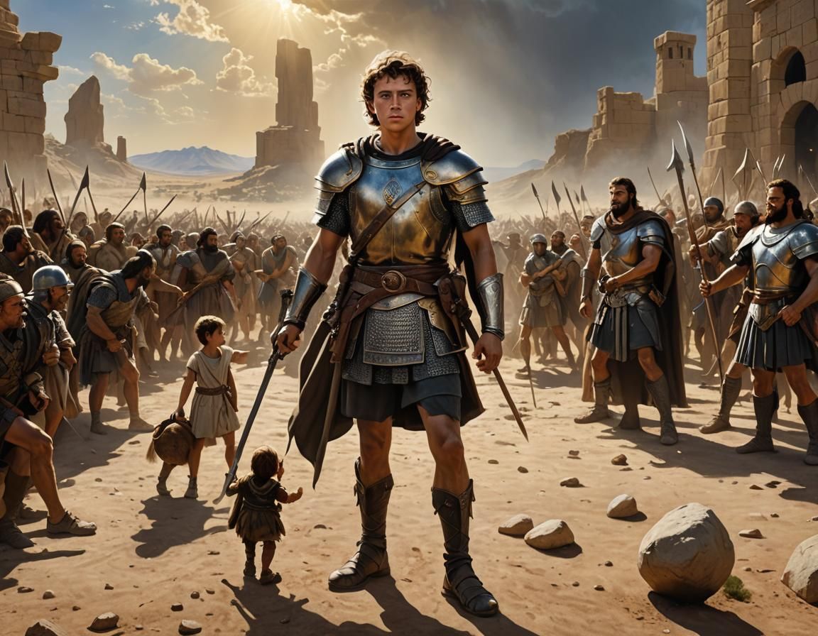 David Confronts Goliath in Photorealistic Battle Scene