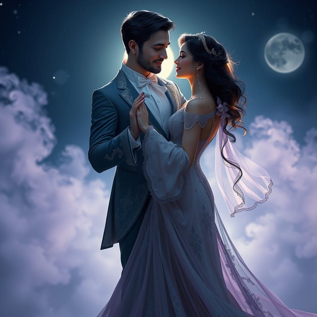 Romantic Waltz under Moonlit Art Nouveau