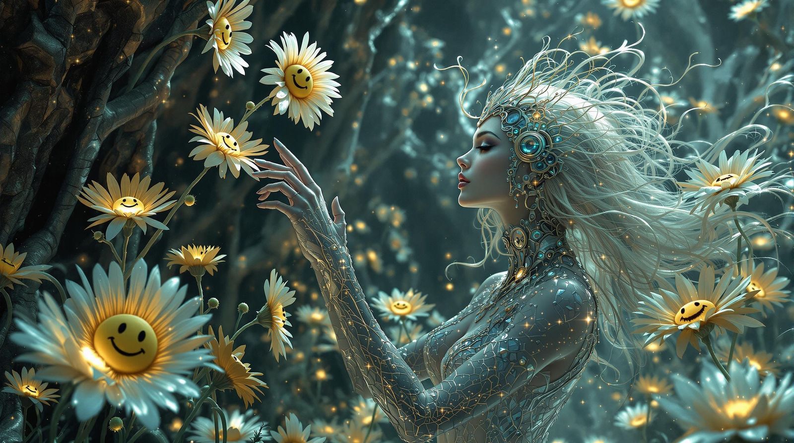 Gentle Lady of Iridescent Scales Amidst Dark, Twisted Archit...