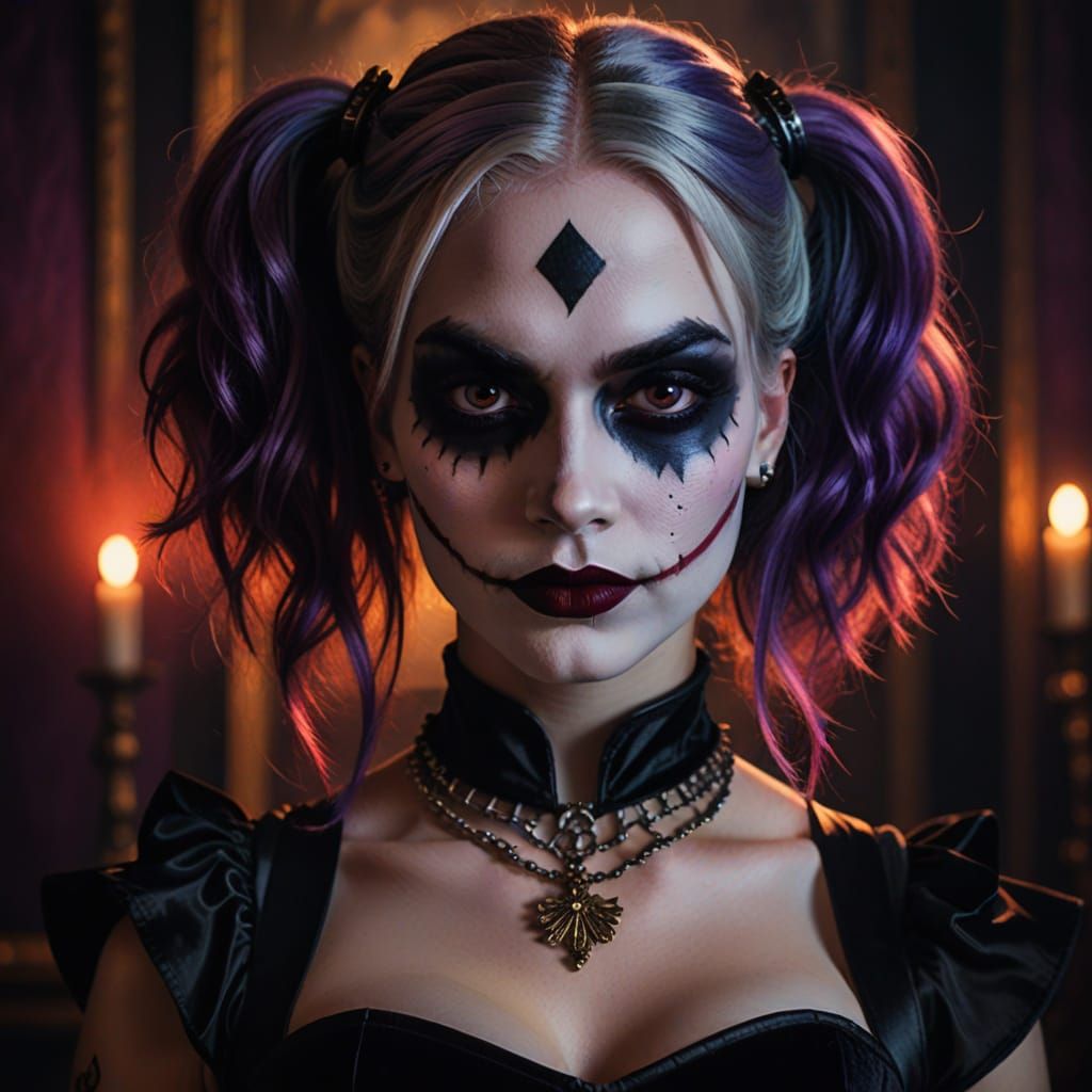 Goth Harley Quinn Portrait with Blood Red Fan