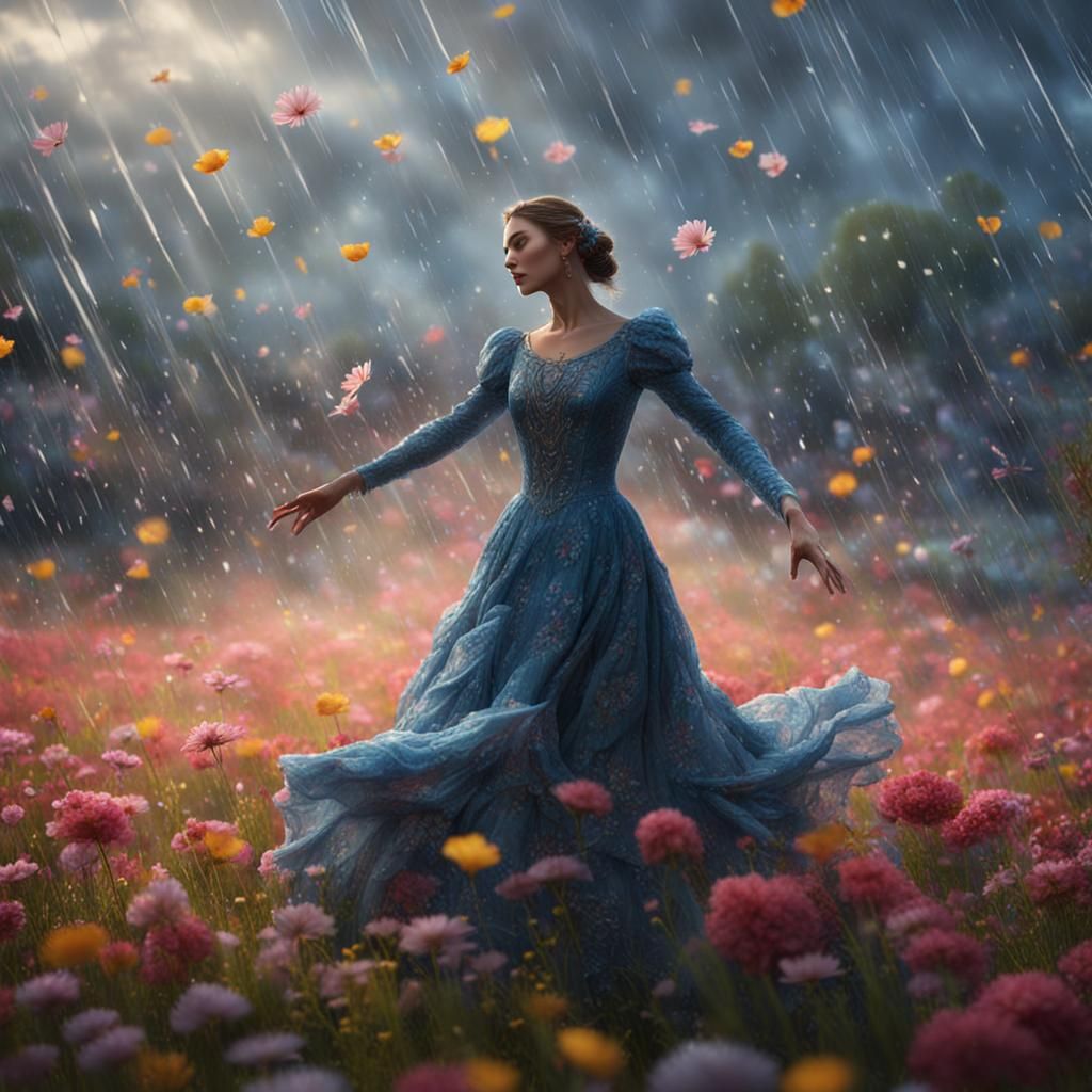 Woman Dancing in Rainy Meadow: Fantasy Concept Art