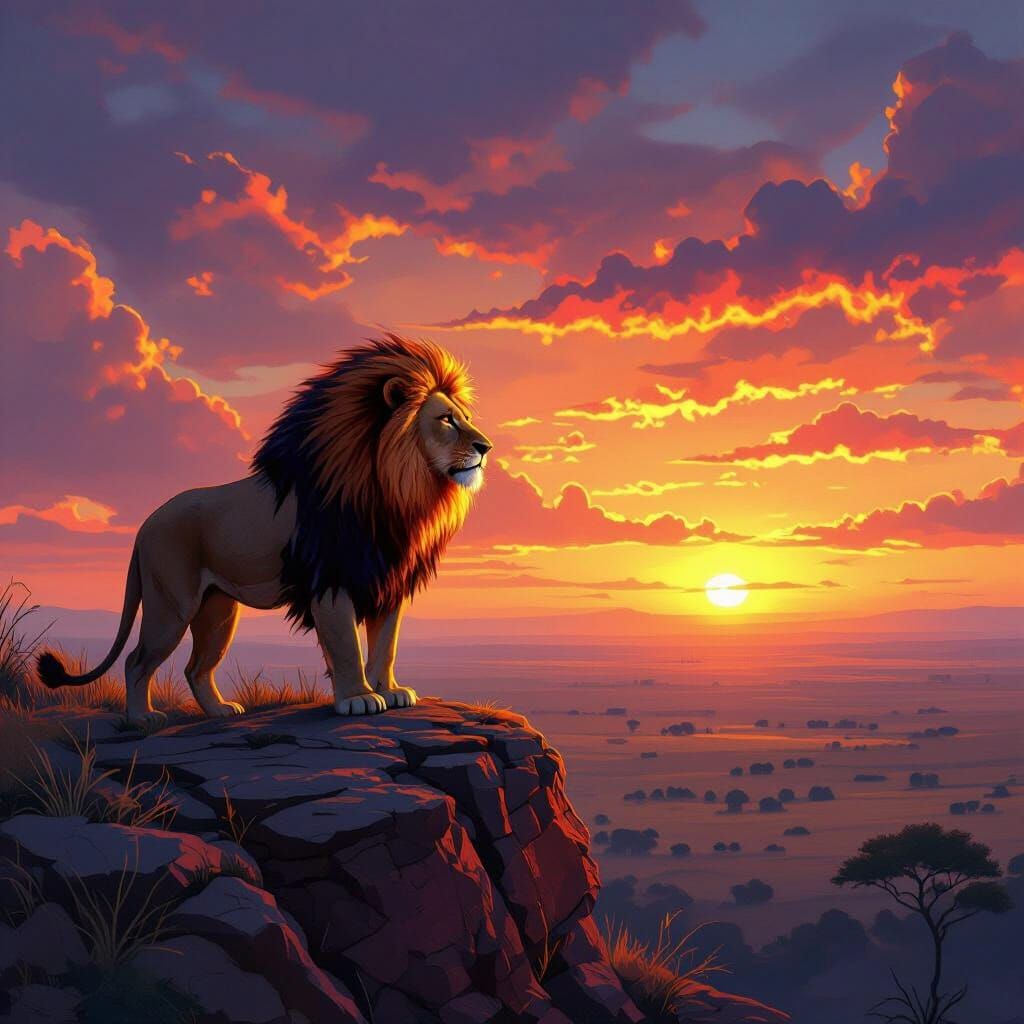 Majestic Lion Overlooking Savanna at Sunset