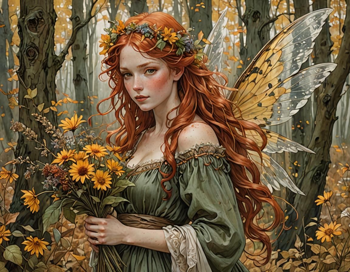 Beautiful Autumn Fairy in Watercolor and Pencil