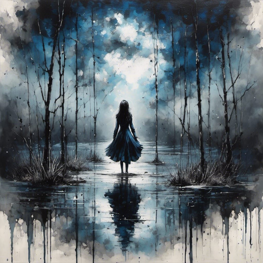 Lonesome Girl by Lake: Watercolor Painting