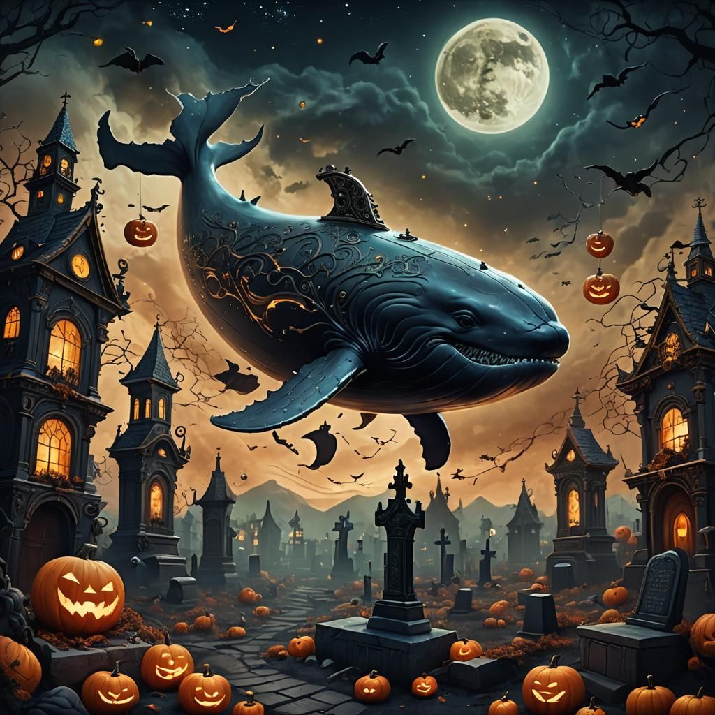 Zero Gravity Whale in Dark Fantasy Graveyard