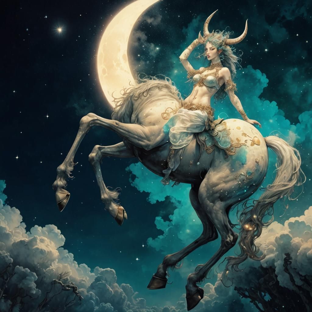 Dreamy Centaur Hanging from the Moon, Digital Art
