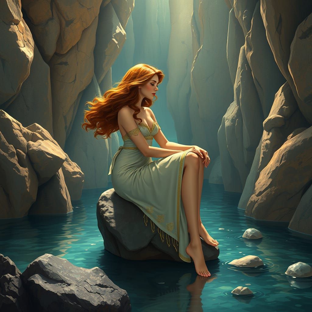 Curvy Nymph in Greek Tunic, Art Nouveau Style