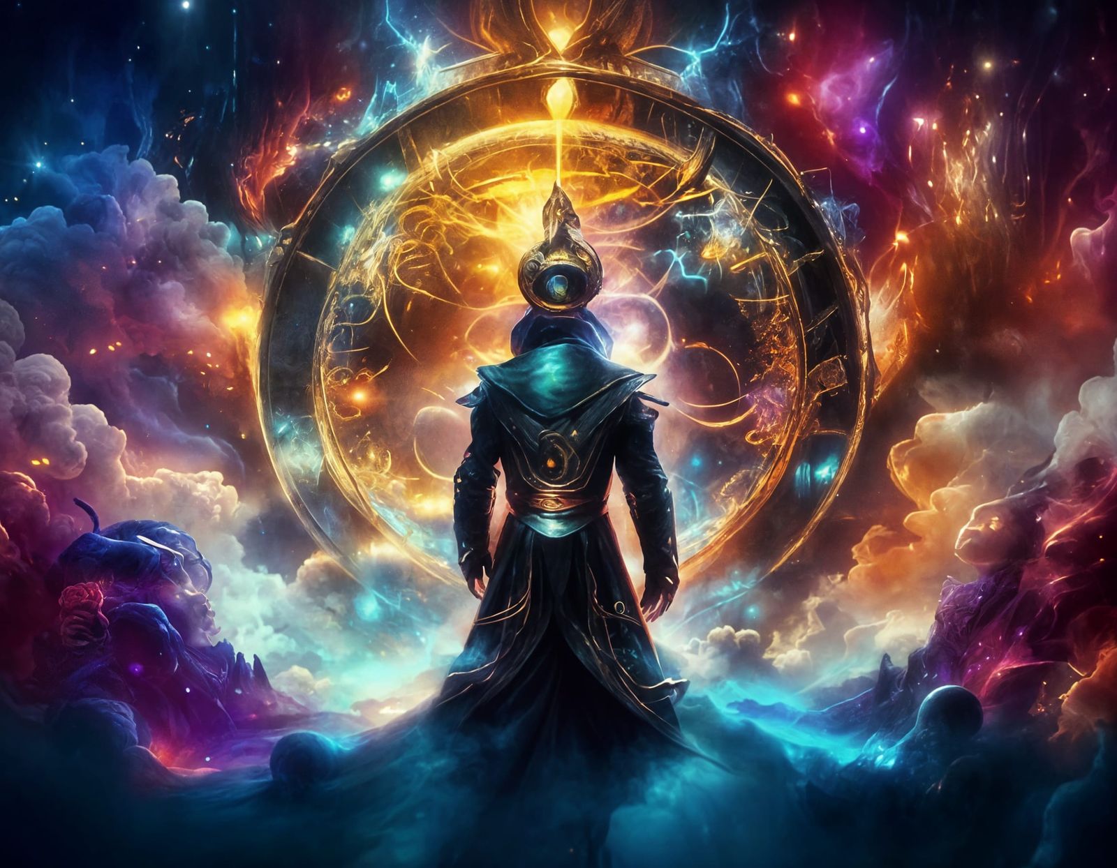 Mysterious Shadow Figure in Cosmic Steampunk Style