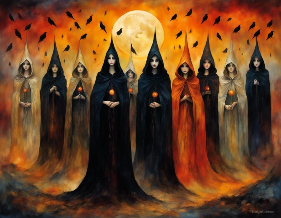 Witches Coven Under Full Moon in Gothic Art
