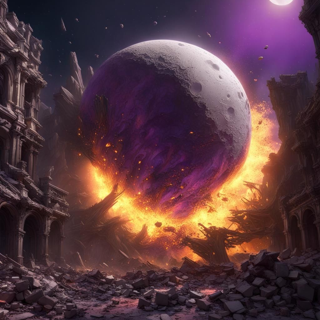 Cataclysmic Moon Impact in Dark Fantasy Style