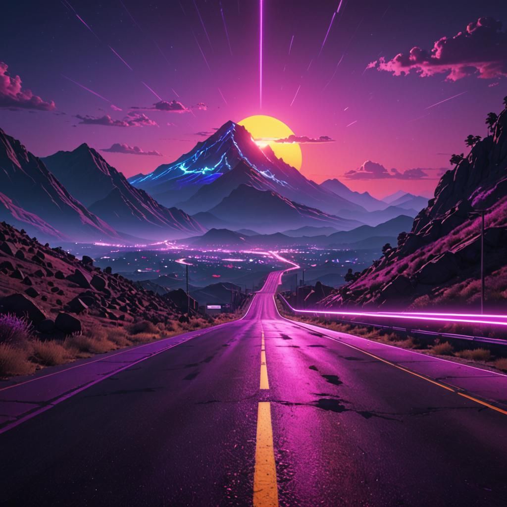 Infront of a retrowave road in purple neon lights environment, sun is setting behind the mountains.