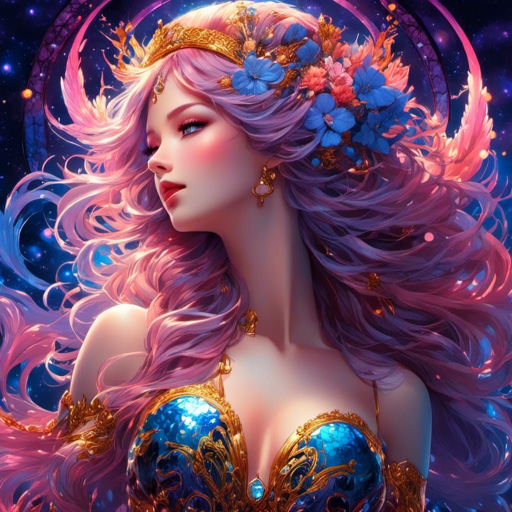Nebula Mermaid with Neon Flowers in 3D Style