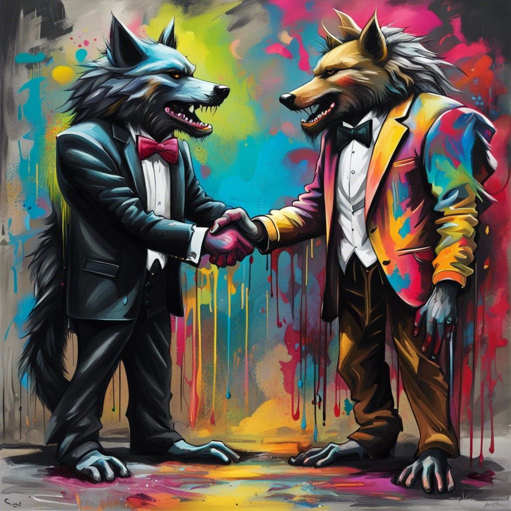 Tuxedo Human and Werewolf Handshake in Graffiti Style